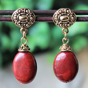 Red Jasper Gemstone Dangle Earrings Metal Silver Statement Drop Post Earrings Bridal Statement Gold Mother's Gift Handmade