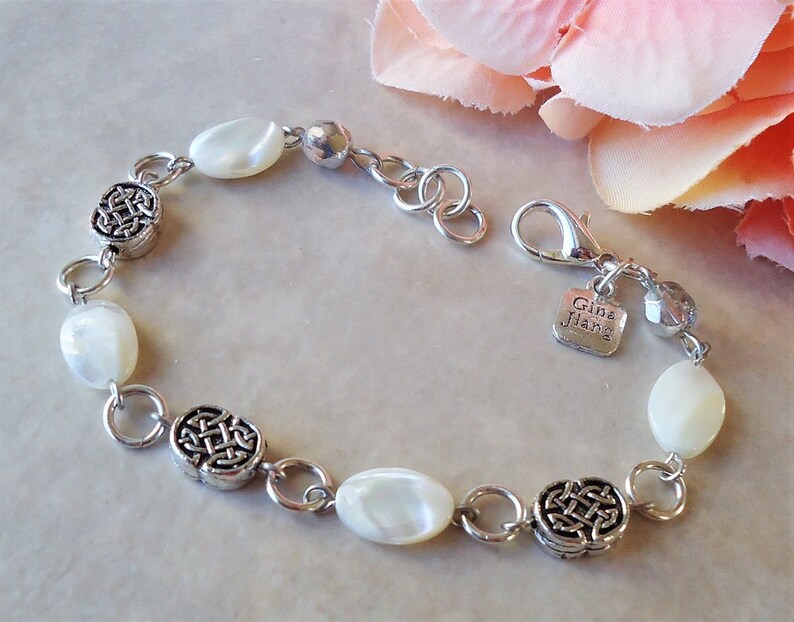 White Mother of Pearl Bracelet.Beach Wedding.Metal Plated in Sterling Silver.Beadwork.Bridal.Formal.Bridesmaid.Mother/'s.Birthday Handmade.