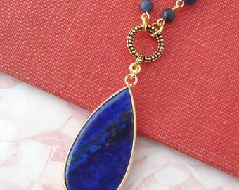 Blauwe lapis druppelvormige hanger: edelsteen statement sieraden, cadeau, handgemaakt