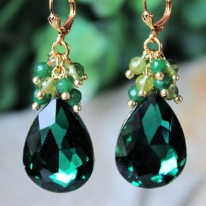 Emerald Green Cluster Earrings Peridot Gemstone Jade Crystal Jeweled Gold Statement Bridal Rhinestone Chandelier Formal Long Dangle Handmade