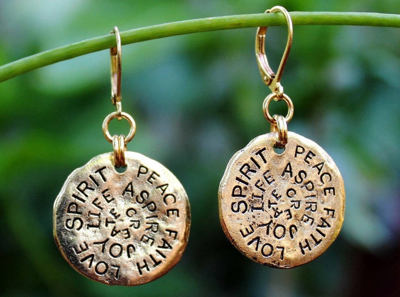 Inspirational Words Dangle Earrings Hammered Metal Earrings Gold Silver Drop Bridal Valentine Graduation Birthday Gift Handmade image 1