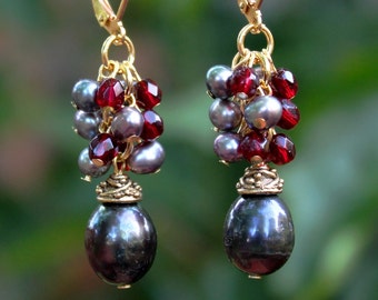 Baroque Black Pearl Cluster Earrings Garnet Crystals Gold Silver Dangle Drop Gemstone Red Bridal Ruby Chandelier Statement Gift Handmade