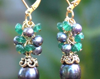 Baroque Black Pearl Cluster Earrings: Aventurine & Silver Dangle, Bridal Statement Jewelry, Gift, Handmade