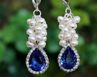 Blue Sapphire Cluster Earrings White Pearls Swarovski Crystal Jeweled Silver Statement Bridal Wedding Formal Long Earrings gift Handmade