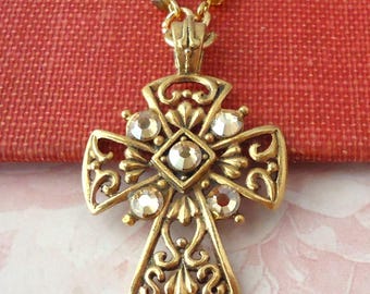 Gold Jeweled Cross Pendant Necklace: Christian Religious Statement Jewelry, Gift, Handmade