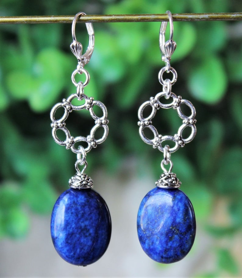 Lapis Lazuli Gemstone Dangle Earrings.Silver.Statement.Drop.Hoop.Bridal.Stone.Navy Blue.Long Earrings.Valentine.Formal.Gift.Handmade.