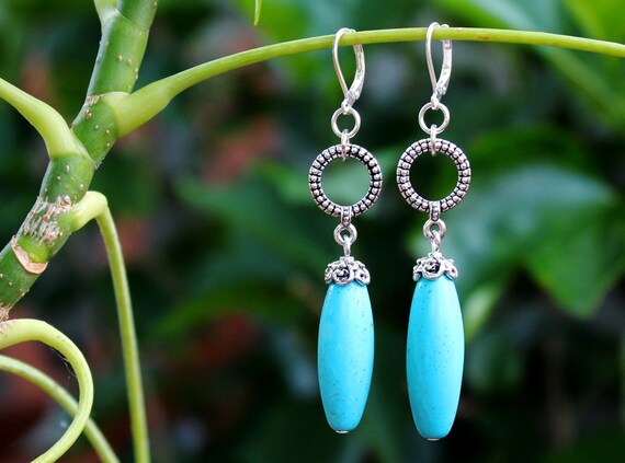 SALE Big front faced silver dangle hoops with Turquoise Gemstone