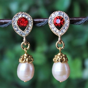 Red Garnet Crystal Dangle Earrings Ivory Freshwater Pearl Jeweled Statement Bridal Rhinestone Formal  Ruby Formal Gold White Gift Handmade
