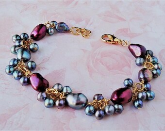 Baroque Black Pearl Cluster Bracelet: Red Freshwater Pearls, Bridal Statement Jewelry, Gift, Handmade