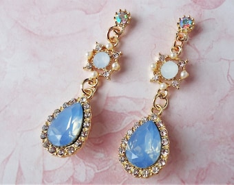 Blue Opal Crystal Cluster Earrings Multi Gemstones White Jeweled Gold Statement Bridal Wedding Formal Long Dangle Post Earrings Handmade