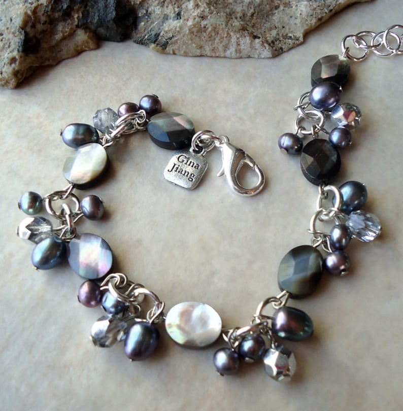 Handmade Mother of Pearls Cluster Bracelet.Peacock freshwater pearls.Crystal.Smoky Black.Sterling Silver plated.Beadwork.Bridal.Formal.Gift