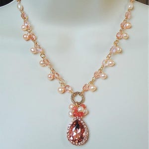Blush Rose Gold Crystal Pendant Necklace: Freshwater Pearls, Pink Rhinestone Statement Jewelry, Handmade
