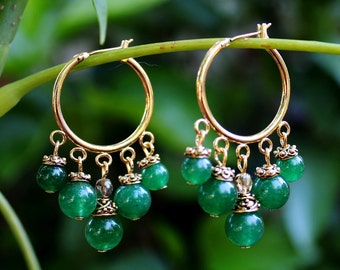 Green Jade Gemstone Hoop Earrings: Gold Bohemian Statement Jewelry, Gift, Handmade