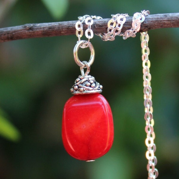 Red Coral Stone Pendant Necklace Sterling Silver Chain Statement Dainty Beadcap Bridal Mother's Boho Layering Gift Summer Handmade