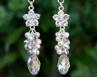 Bridal Cluster Earrings White Pearl Swarovski Crystal Jeweled Dangle Silver Statement Chandelier Wedding Bridal Long Earrings Handmade