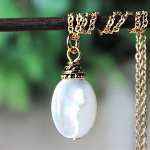 Mother Of Pearls Pendant Necklace White Gold Silver Chain Ivory Bridesmaid Statement Dainty Bridal MOP Layering Healing Small Gift Handmade