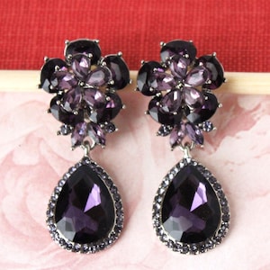 Purple Amethyst Clip On Earrings Swarovski Crystal Jeweled Silver Dangle Statement Bridal Rhinestone Post Cluster Formal Floral Handmade