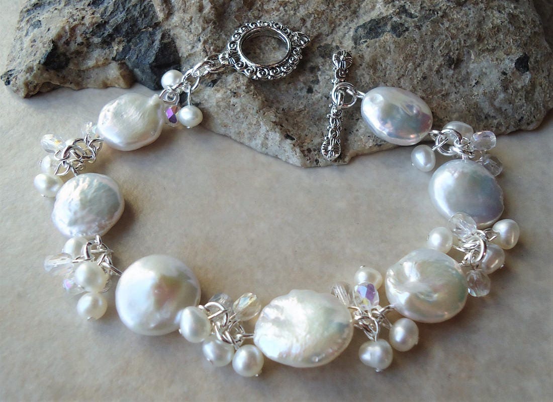 Keshi Coin Pearl Cluster Bracelet White Wedding Freshwater
