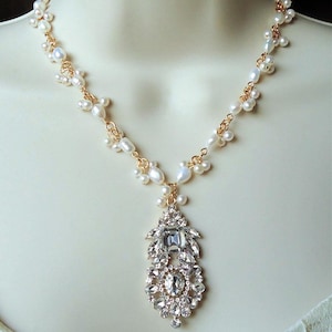Bridal Pendant Necklace, Clear Crystal, White Freshwater Pearl Cluster, Rhinestone, Gold, Wedding, Jeweled, Statement, Choker, Gift Handmade