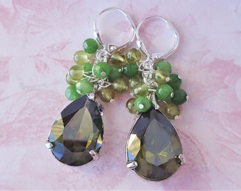 Multi Gemstone Cluster Earrings Olive Green Peridot Jade Crystal Jeweled Silver Statement Bridal Formal Long Chandelier Dangle Handmade