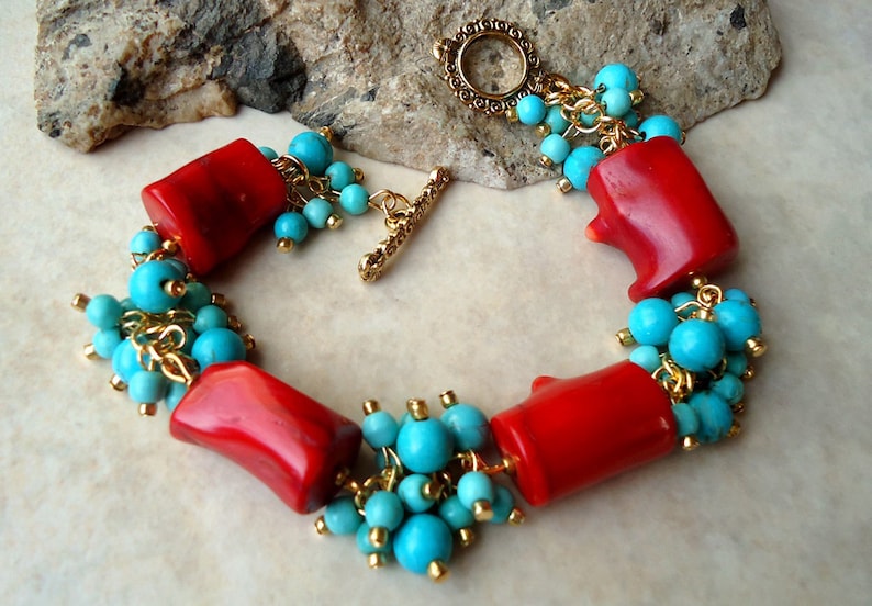 Multi Gemstones Cluster Bracelet.Red Coral.Blue Turquoise Stone.24k Gold plated.Beadwork.Bridal.Chunky.Colorful.Statement.Toggle.Handmade.