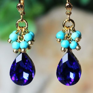 Blue Sapphire Crystal Dangle Earrings: Turquoise Gemstone, Statement Jewelry, Handmade