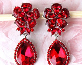 Garnet Red Swarovski Crystal Clip On Earrings: Bridal Rhinestone Statement Jewelry, Gift, Handmade