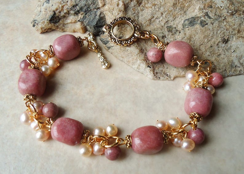 Pink Rhodochrosite Stone Cluster Bracelet.Freshwater Pearl.Toggle.Gold.Silver.Beadwork.Bridal.Statement.Chunky.Gemstone.Wedding.Handmade.