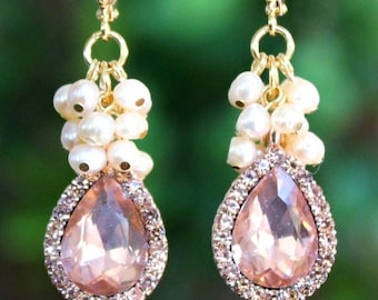 Blush Rose Gold Pearl Cluster Earrings: Bridal Rhinestone Earrings, Statement Jewelry, Handmade