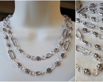 Long Necklace.Silver.Hammered.Metal.Lariat Necklace.Double Strand.Statement Necklace.Chain.Links.Bridal.Chunky.Modern.Layering. Handmade.