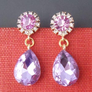 Amethyst Crystal Dangle Earrings, Post Earrings, Rhinestone, Jeweled, Crystal, Purple, Gold, Bridal, Statement, Lavender, Gift, Handmade