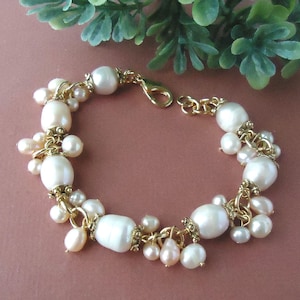 Bridal Freshwater Pearl Cluster Bracelet Crystal Wedding White Gold Silver Beadwork Ivory Statement Valentine Formal Gift Handmade
