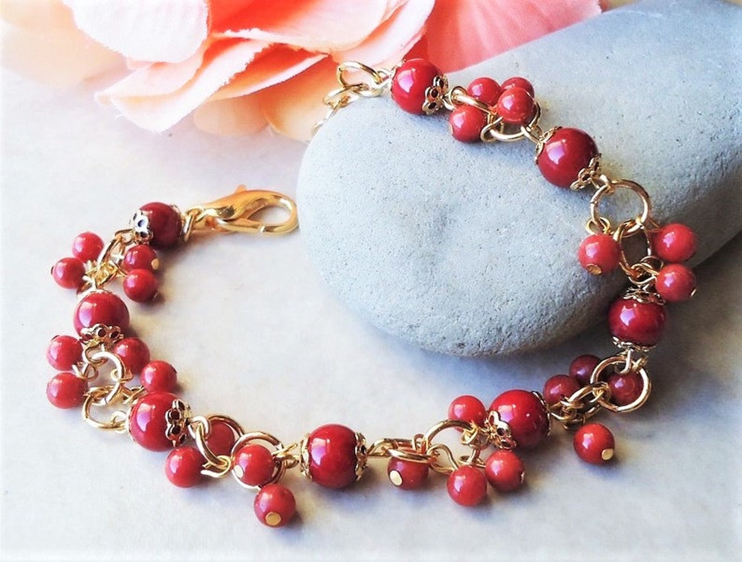 Red Coral Stone Cluster Bracelet Gold Silver Beadwork Bridal Gemstone ...