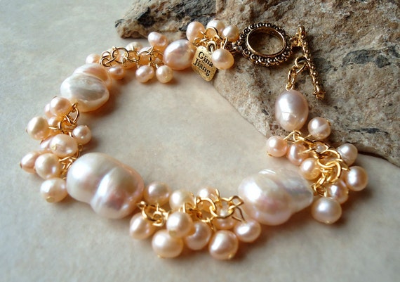 Pearl Cluster Bracelet.baroque Pearl.wedding.24k Gold | Etsy