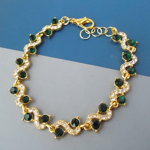 Emerald Green Crystal Rhinestone Bracelet Jeweled Gemstone Tennis Bracelet Gold Bridal Statement Formal Clear Crystal Wedding Gift Handmade