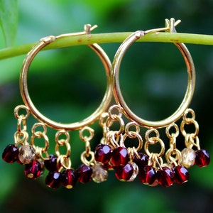 Garnet Red Crystal Hoop Dangle Earrings 18K Gold Plated Chandelier Earring Statement Bridal Cluster Earring Ruby Red Gift Dainty Handmade