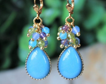 Multi Gemstone Cluster Dangle Earrings: Amethyst, Peridot, Jade, Statement Bridal Jewelry, Handmade