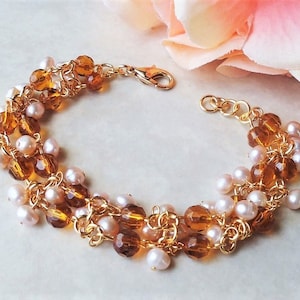 Topaz Crystal Cluster Bracelet: Freshwater Pearl, Rhinestone Statement Jewelry, Handmade