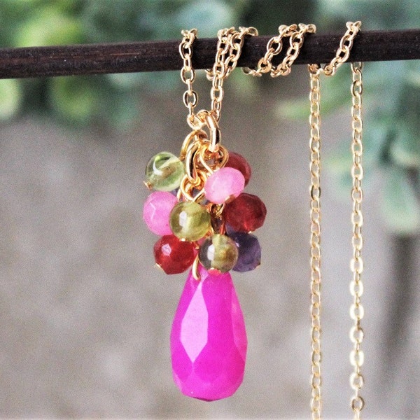 Hot Pink Jade Gemstone Pendant Necklace Multi Gemstone Gold Filled Chain Statement Bridal Rose Peridot Ruby Cluster Layering Gift Handmade