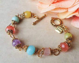 Multi Gemstone Bracelet.Amethyst.Jade.Quartz.Toggle.Gold.Silver.Beadwork.Bridal.Purple.Pink.Blue.Green.Pastel.Colorful.Holiday. Handmade.