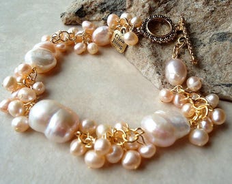 Baroque Freshwater Pearl Cluster Bracelet:  Rose Pink & Ivory, Bridal Statement Jewelry, Gift, Handmade