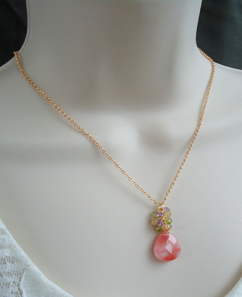 Cherry Quartz Pendant Necklace.Multi Gemstone.14K Gold Filled | Etsy