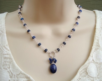 Blue Lapis Stone Pendant Necklace: Navy Blue Lariat Choker Statement Jewelry, Handmade