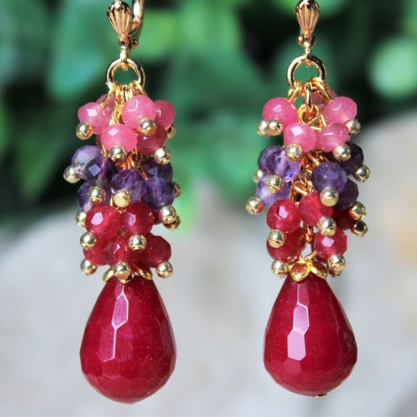 Multi Gemstone Cluster Earrings Purple Amethyst Ruby Red Jade Pink Jade Bridal Gold Silver Dangle Statement Long Gift Handmade.