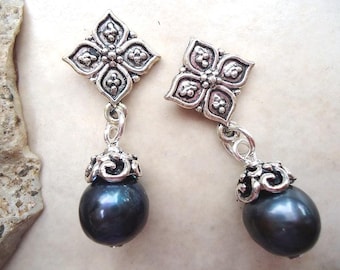 Pendientes colgantes de perlas negras: Joyería nupcial llamativa, regalo, hechos a mano