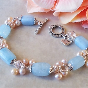 Aquamarine Stone Cluster Bracelet Champaign Freshwater Pearl Toggle Silver Beadwork Bridal Gift Blue Pastel Chunky Gift Handmade