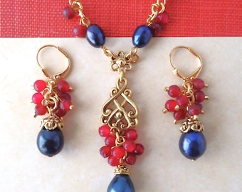 バロックブラックパールジュエリーセット：ルビーレッドジェイド