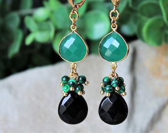 Multi Gemstone Cluster Earrings Emerald Green Onyx Malachite Stone Black Onyx Dangle Statement Bridal Chandelier Gold wedding Gift Handmade