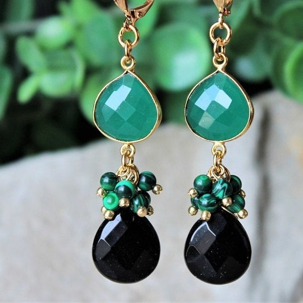 Multi Gemstone Cluster Earrings Emerald Green Onyx Malachite Stone Black Onyx Dangle Statement Bridal Chandelier Gold wedding Gift Handmade