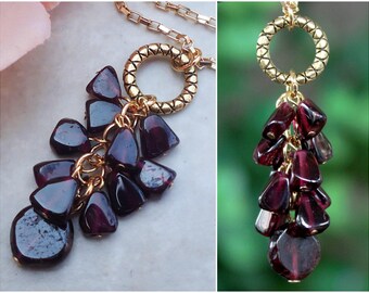 Garnet Gemstone Pendant Necklace.Red.Infinity Circle.Gold Filled Chain.Dainty.Bridal.Cluster.Statement.Ruby.Layering.Holiday.Gift.Handmade.